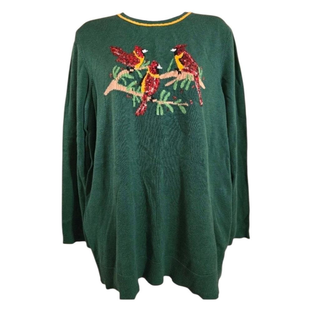 Kim Rogers Sequin Green and Red Crew Neck Sweater with Holiday Embroidery - Picture 2 of 6